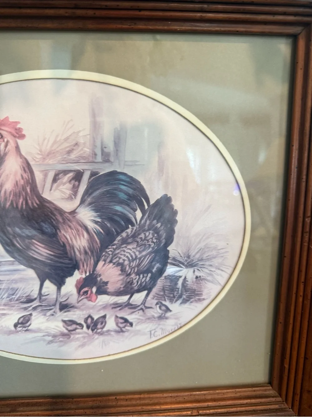 Farmhouse Rooster Wall Art in Brown Frame with Olive Mat